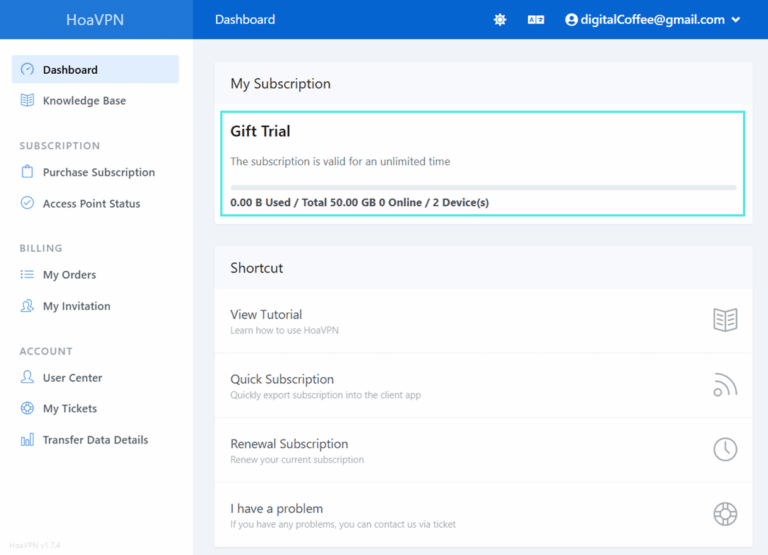 HoaVPN Dashboard - check redeemed subscription or Benefit