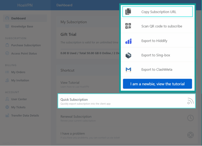 HoaVPN Dashboard - get subscription link for client apps